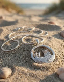 Anhänger Strandkorb Rund mit Düne, Silber und Gold