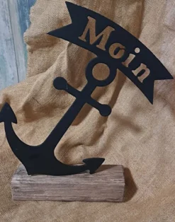 Deko-Standbild "Anker und Moin" aus Metall auf Holzsockel