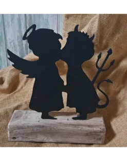 Deko-Standbild "Engelchen und Teufelchen" aus Metall auf Holzsockel