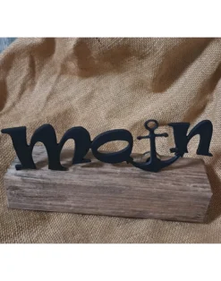 Deko-Standbild "moin mit Anker" aus Metall auf Holzsockel