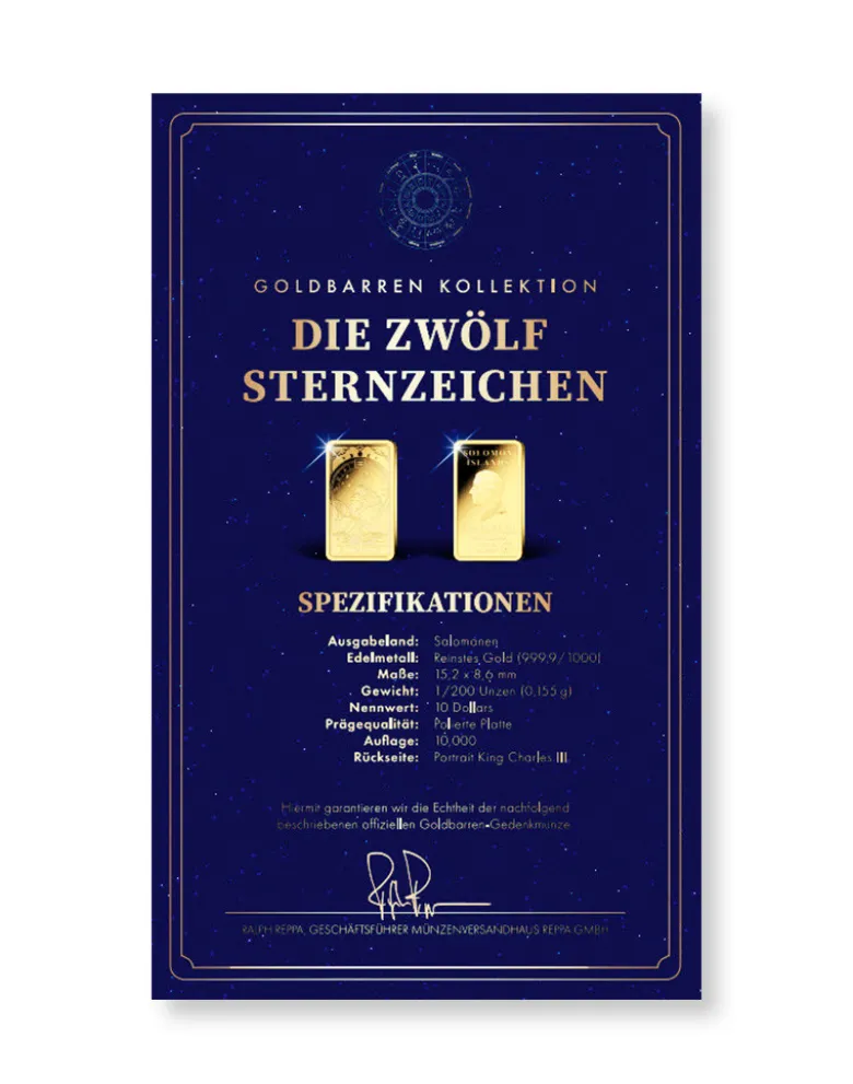 Goldbarren mit Sternzeichen aus 999,9 Gold