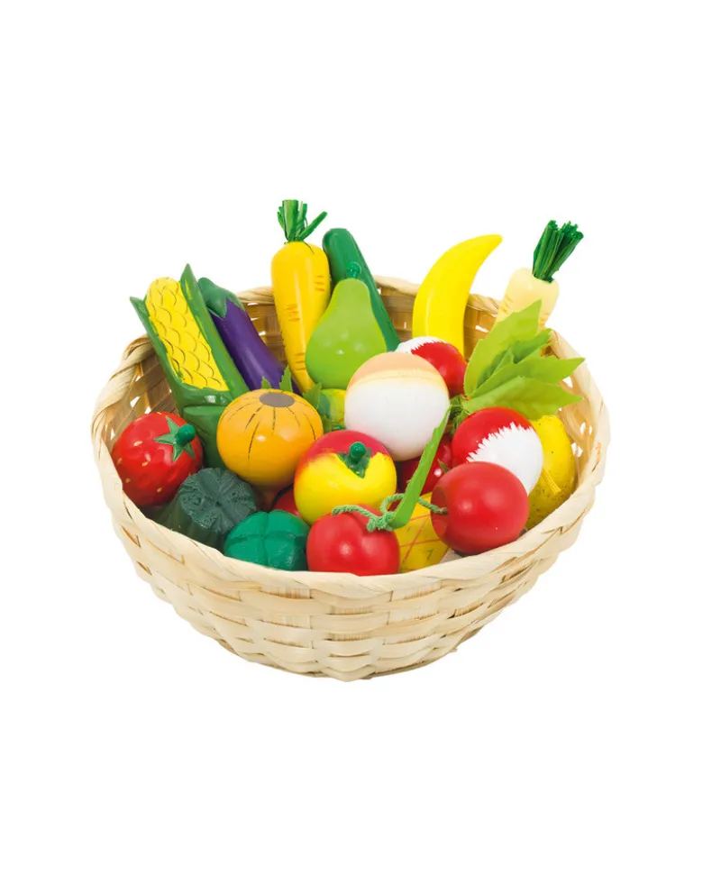 Obst und Gemüse aus Holz im Korb