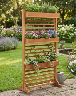 Sichtschutz / Pflanzspalier aus Teak, mit Pflanzbehälter