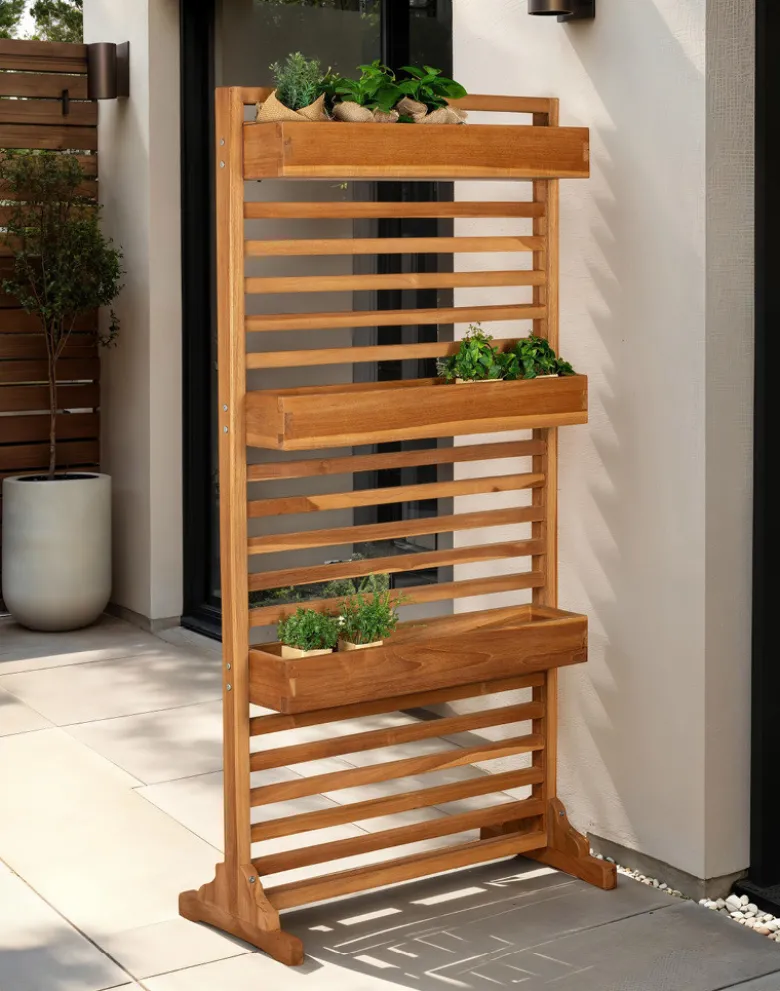 Sichtschutz / Pflanzspalier aus Teak, mit Pflanzbehälter