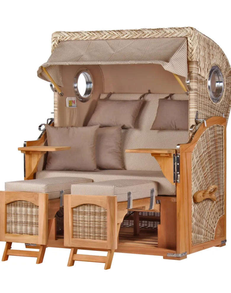 Strandkorb Cuxhaven, 2-Sitzer, Voll-Lieger, creme-taupe gestreift, lieferbar ab Ende September 2026