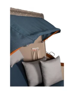 Strandkorb Düne Bullauge Mahagoni PE Grey - 2-Sitzer - Uni Blau-Grau