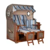 Strandkorb Düne Bullauge Mahagoni PE Grey - 2-Sitzer - Grau-Anthrazit-Hellblau-Beige gestreift