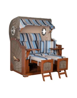 Strandkorb Düne Bullauge Mahagoni PE Grey - 2-Sitzer - Grau-Anthrazit-Hellblau-Beige gestreift