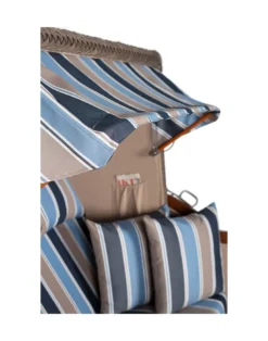 Strandkorb Düne Bullauge Mahagoni PE Grey - 2-Sitzer - Grau-Anthrazit-Hellblau-Beige gestreift