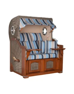Strandkorb Düne Bullauge Mahagoni PE Grey - 2-Sitzer - Grau-Anthrazit-Hellblau-Beige gestreift