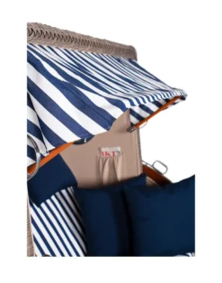 Strandkorb Düne Bullauge Mahagoni PE Grey - 2-Sitzer - Blau-Weiß gestreift