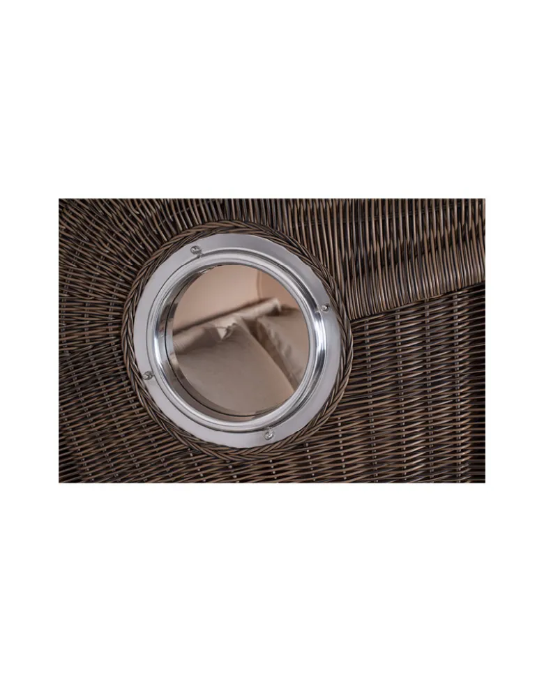 Strandkorb Düne Bullauge Mahagoni PE Grey - 2-Sitzer - Taupe-Weiß gestreift