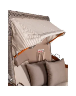 Strandkorb Düne Bullauge Mahagoni PE Grey - 2-Sitzer - Taupe-Weiß gestreift