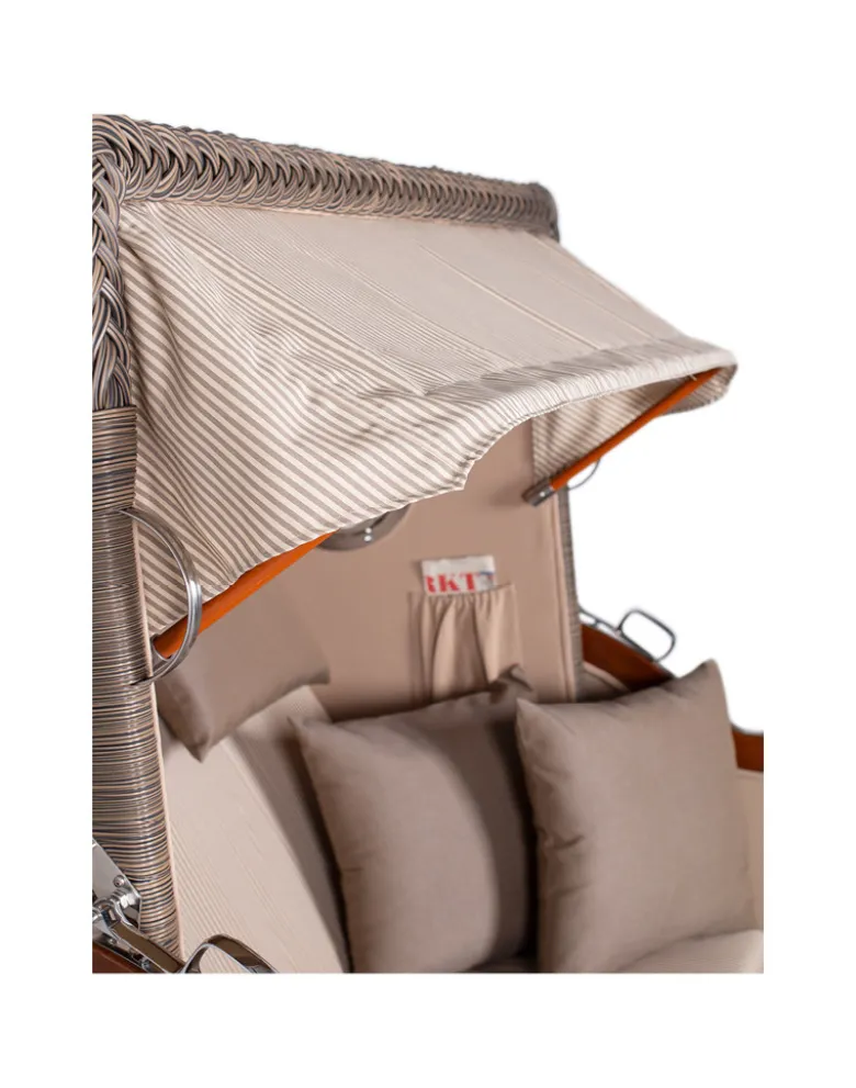 Strandkorb Düne Bullauge Mahagoni PE Grey - 2-Sitzer - Taupe-Weiß gestreift