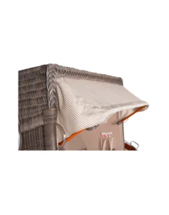 Strandkorb Düne Bullauge Mahagoni PE Grey - 2-Sitzer - Taupe-Weiß gestreift