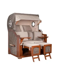 Strandkorb Düne Bullauge Mahagoni PE Grey - 2-Sitzer - Taupe-Weiß gestreift