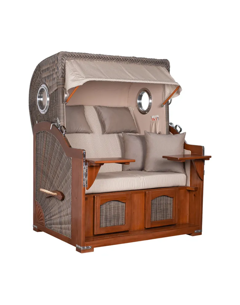 Strandkorb Düne Bullauge Mahagoni PE Grey - 2-Sitzer - Taupe-Weiß gestreift