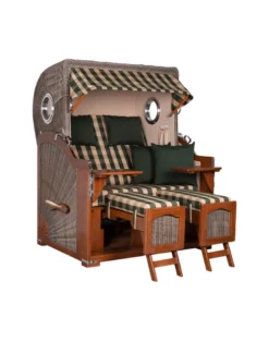 Strandkorb Düne Bullauge Mahagoni PE Grey - 2-Sitzer - Grün-Beige kariert