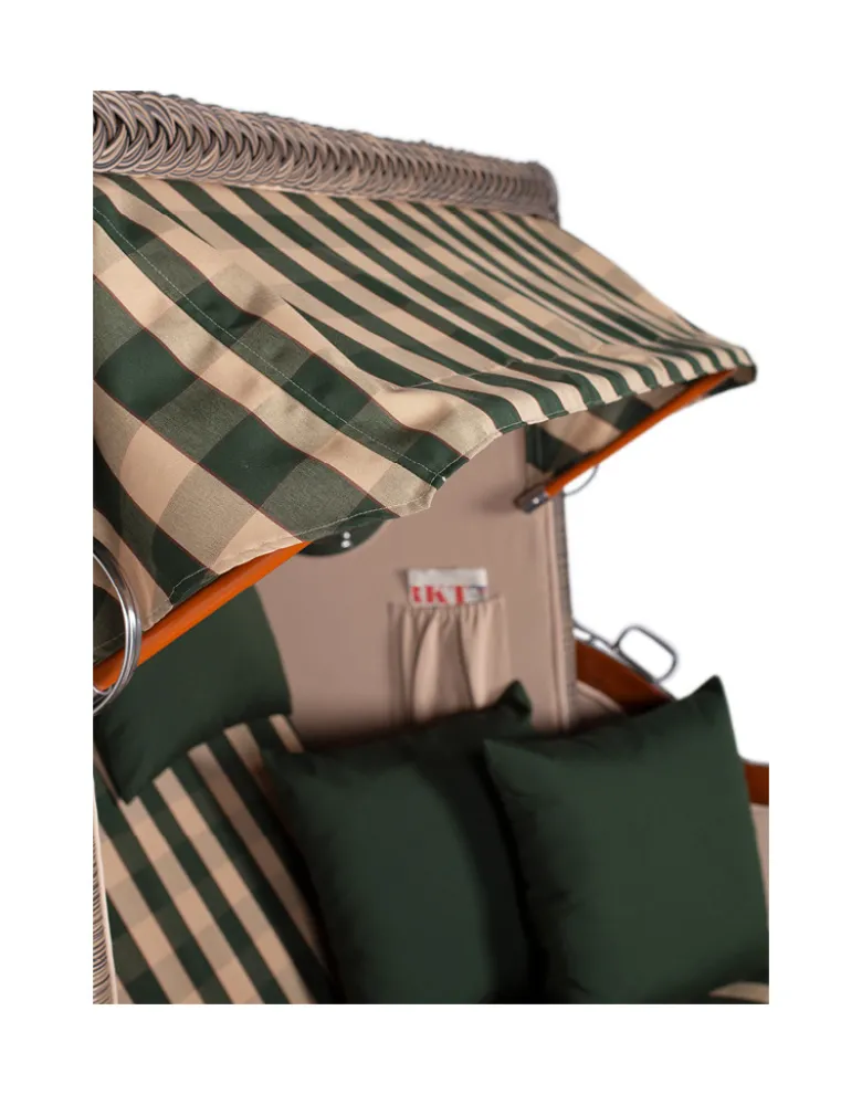 Strandkorb Düne Bullauge Mahagoni PE Grey - 2-Sitzer - Grün-Beige kariert