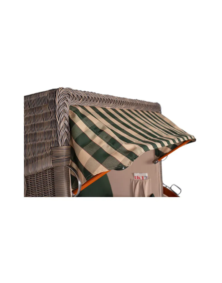 Strandkorb Düne Bullauge Mahagoni PE Grey - 2-Sitzer - Grün-Beige kariert
