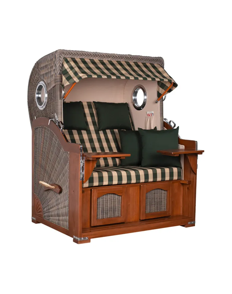 Strandkorb Düne Bullauge Mahagoni PE Grey - 2-Sitzer - Grün-Beige kariert