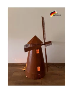 Windmühle aus Edelrost, drehbar, mit Beleuchtung